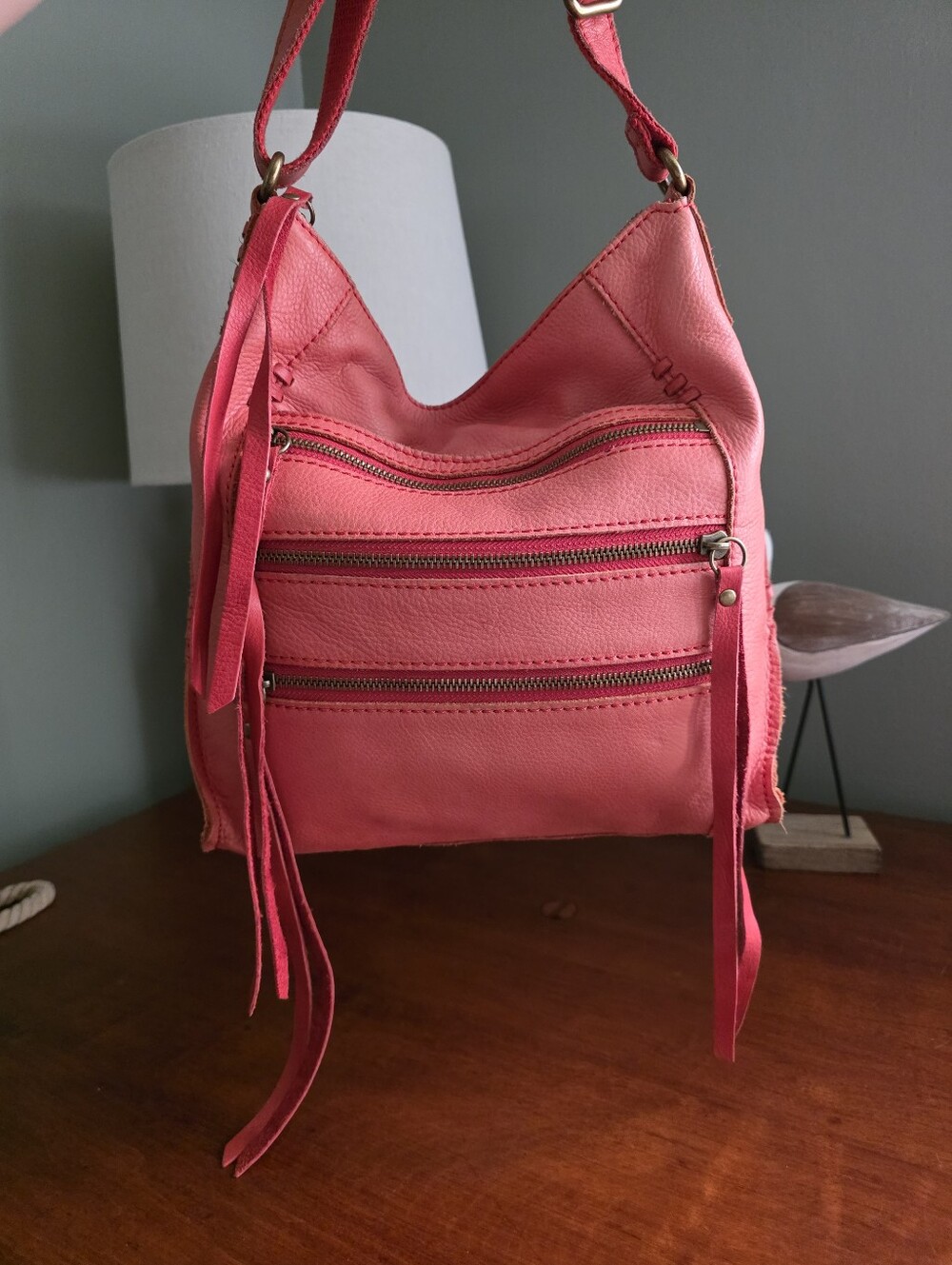 Lucky Brand Coral Pink Leather Fringe Hobo Crossbody Bag